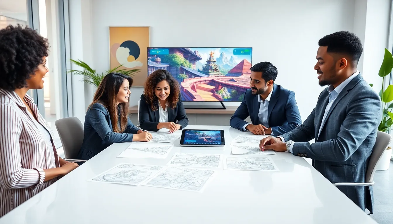 diverse team brainstorming game design in a modern office.