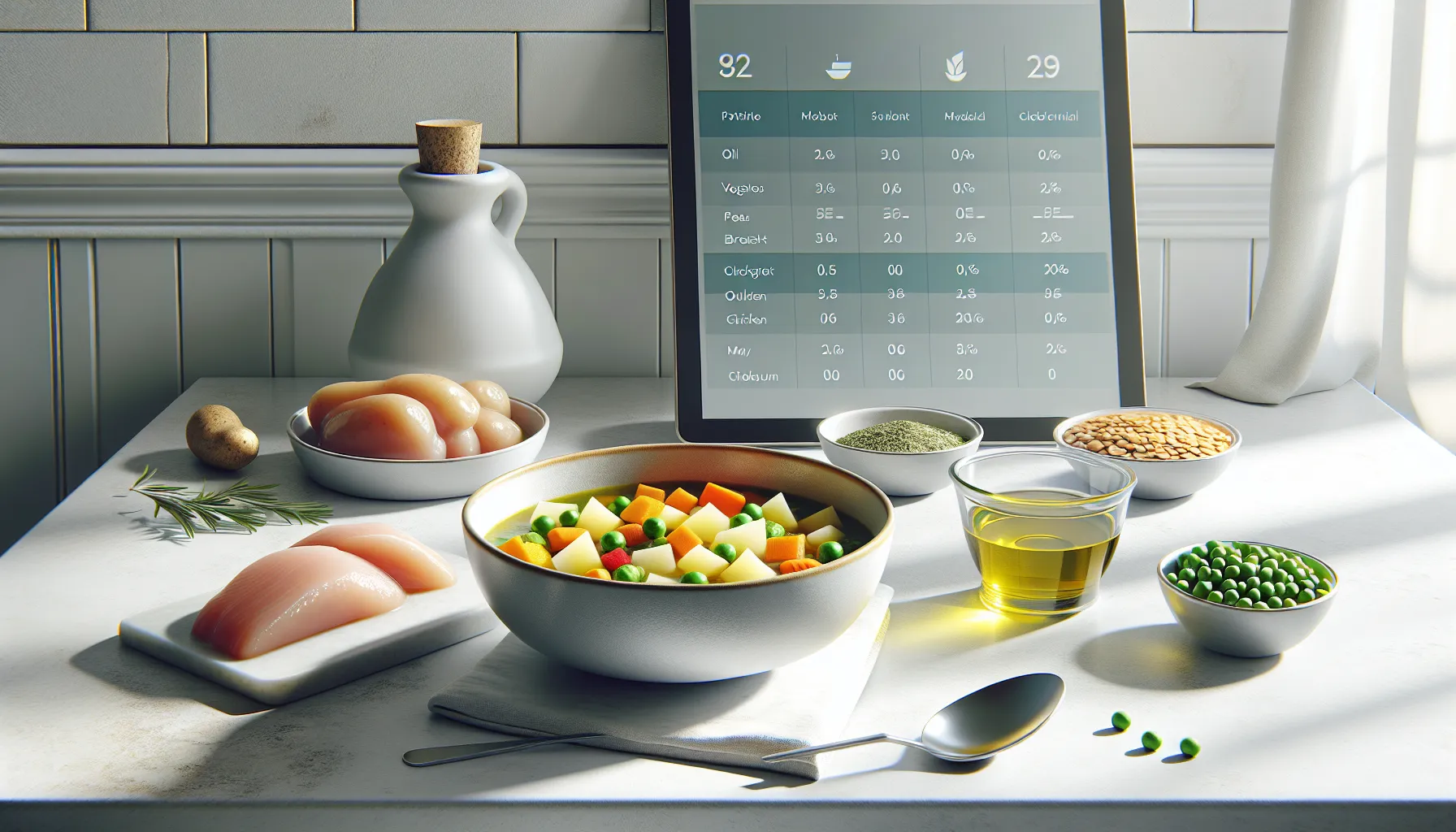 Bowl of vegetable stew with ingredients on a modern kitchen counter.