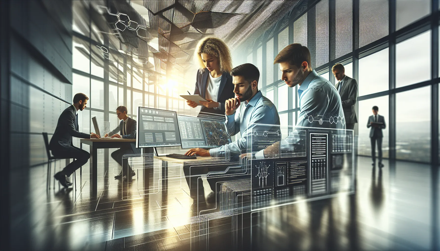 IT team collaborating on troubleshooting network issues in a modern office.