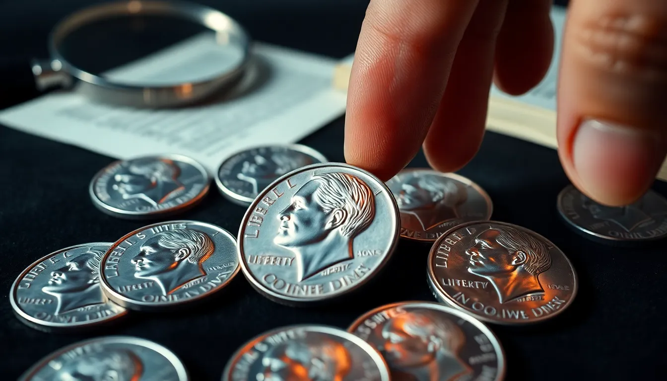 close-up of Roosevelt dimes for coin collectors.