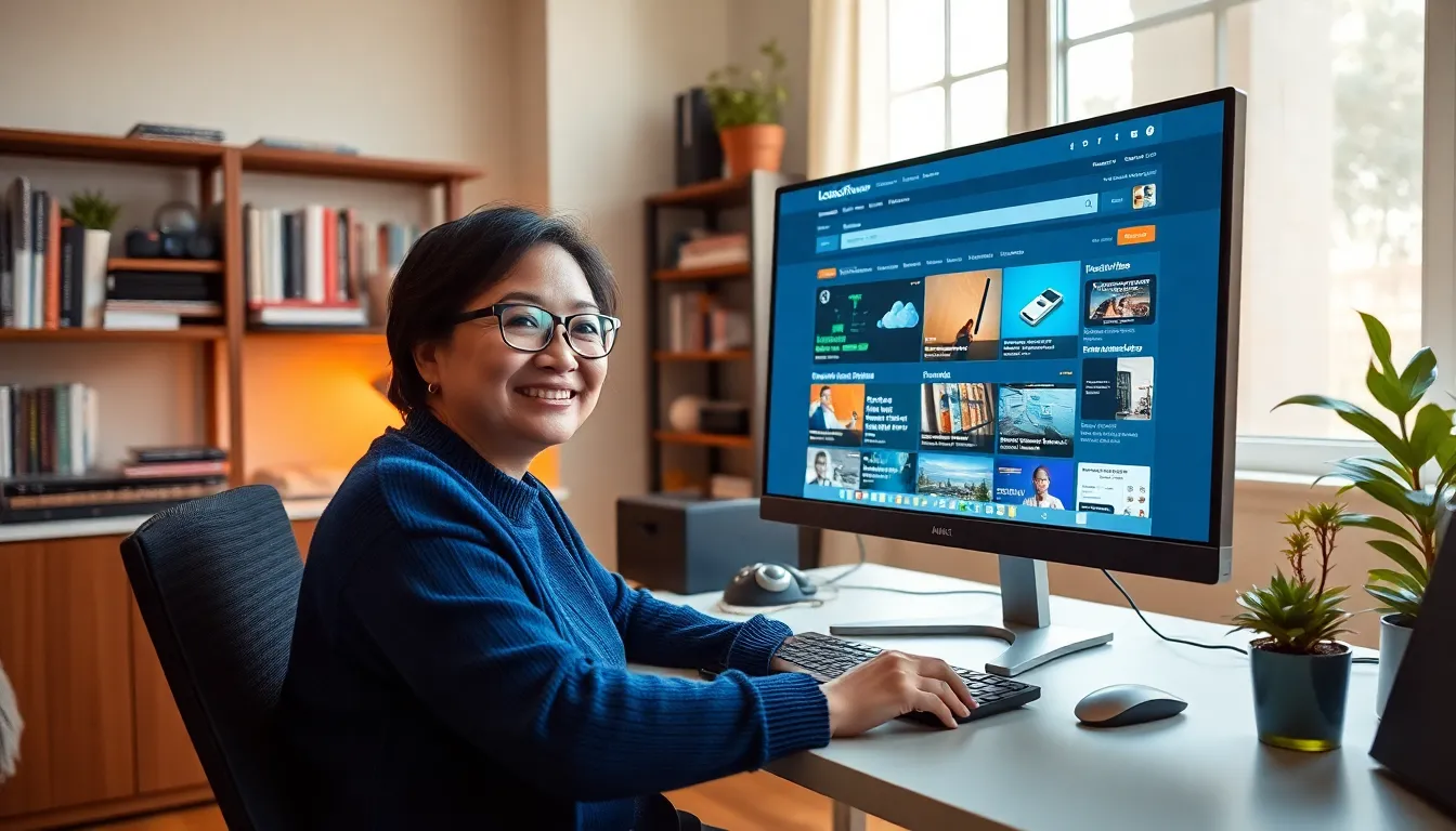 a woman exploring the Lotsofpower.net archive on a computer.