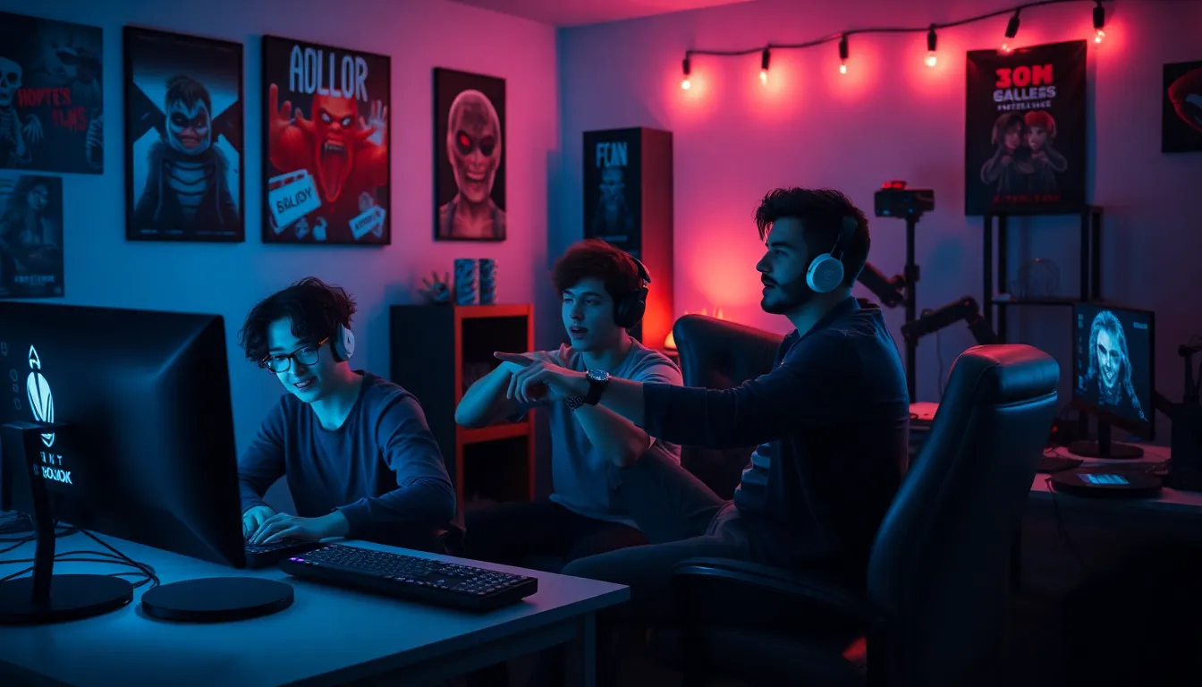 friends enjoying horror gaming together in a dimly lit room.