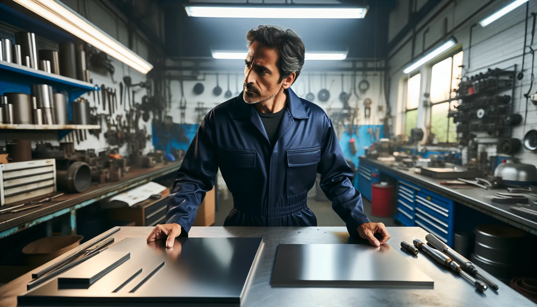 A mechanic comparing aluminum and stainless steel panels in a workshop.