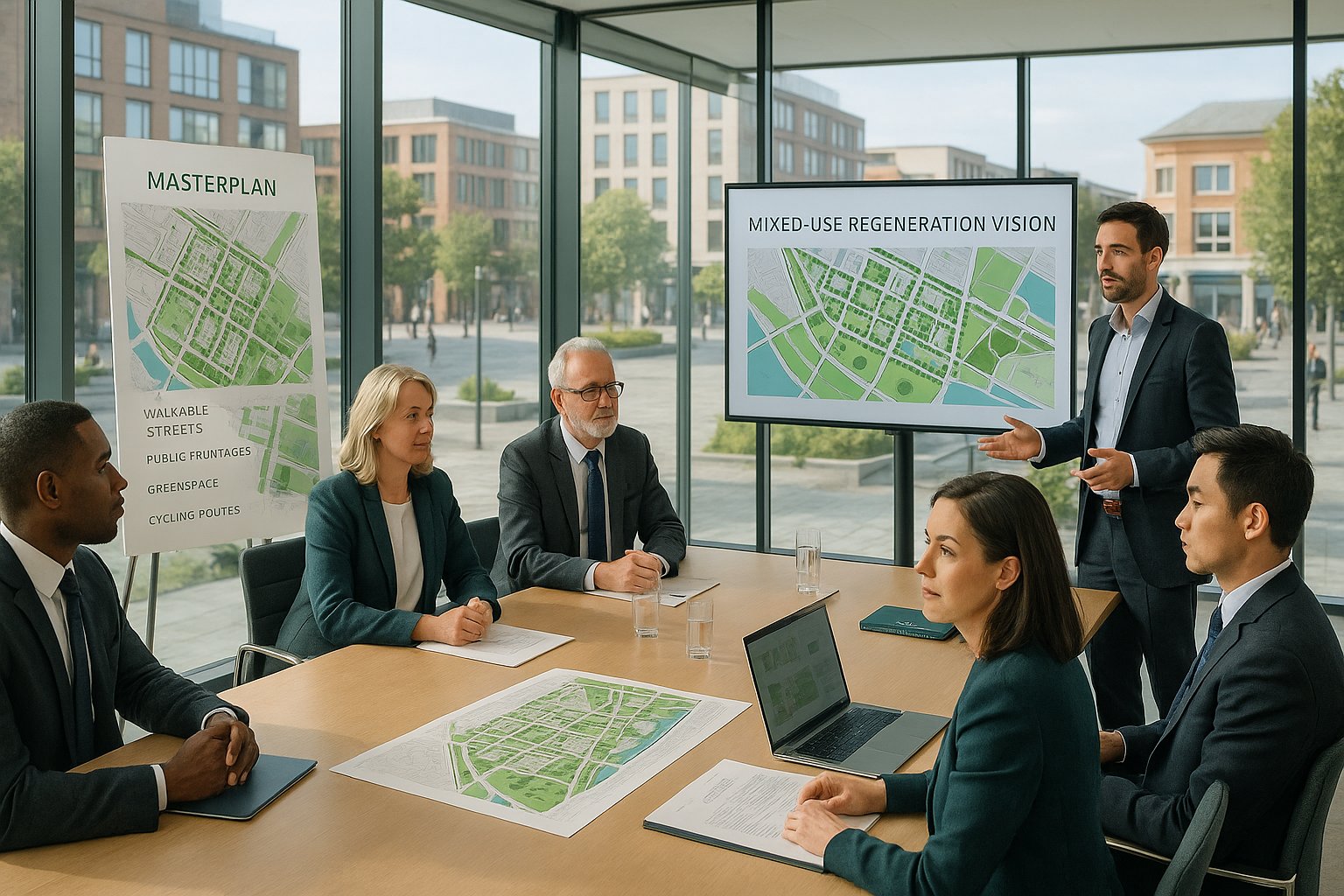 Professionals reviewing a UK placemaking strategy for a mixed-use development.