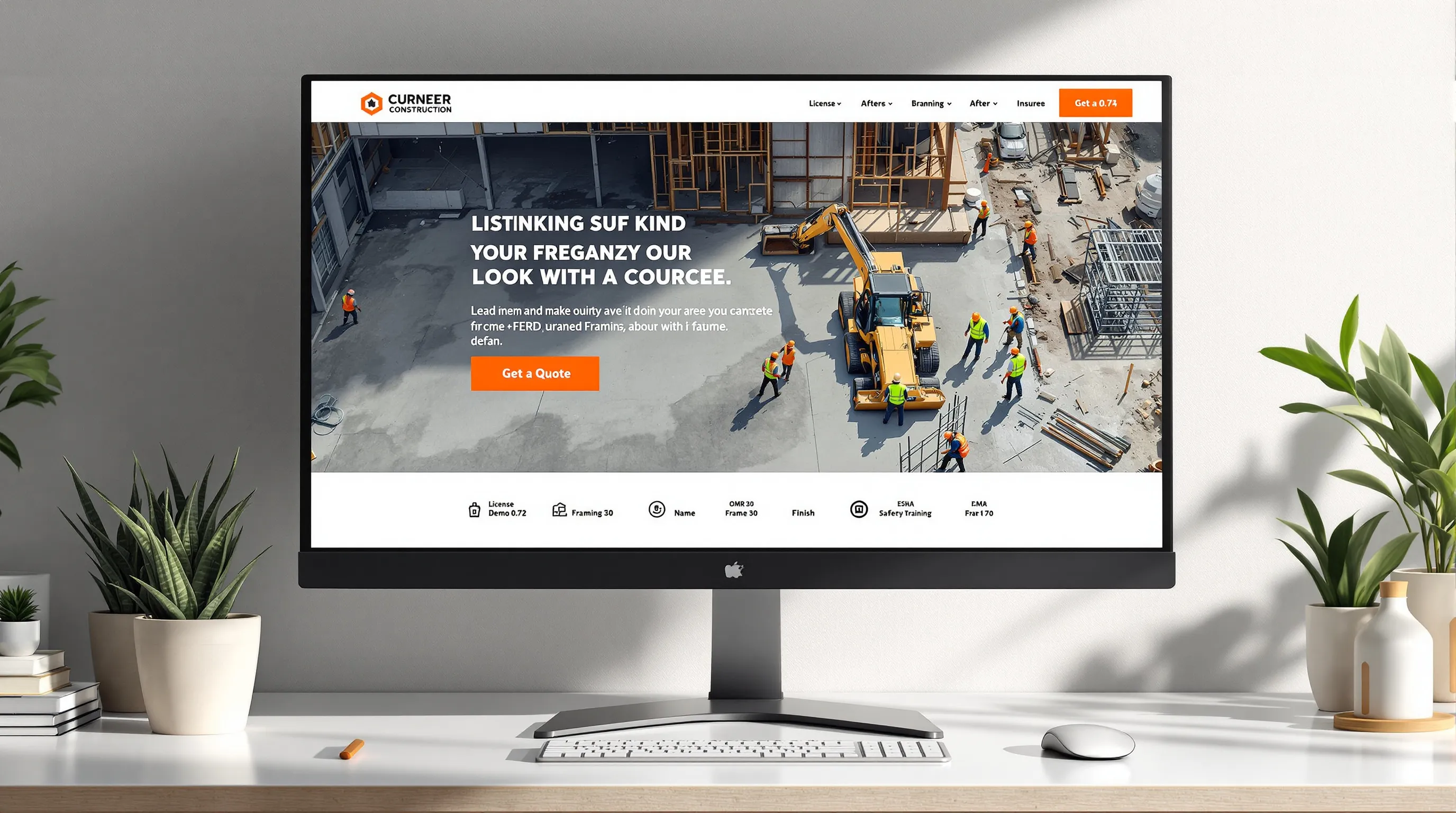 Construction website mockup with trust badges, before/after slider, and clear CTAs.