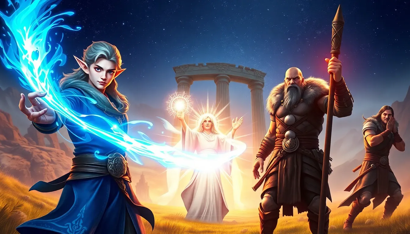 magical characters casting spells in an enchanted landscape.