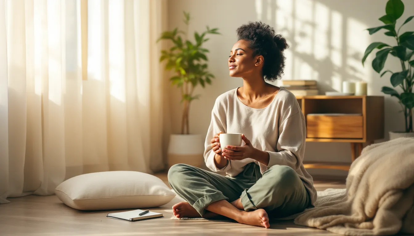 Woman sitting peacefully with tea and journal during a Sunday morning reset.