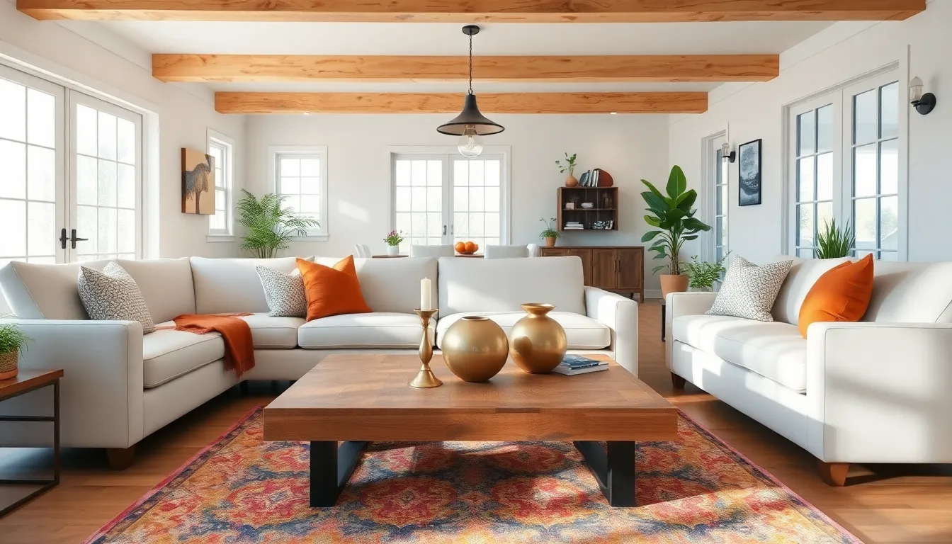 a modern farmhouse interior with cozy furniture and natural light.