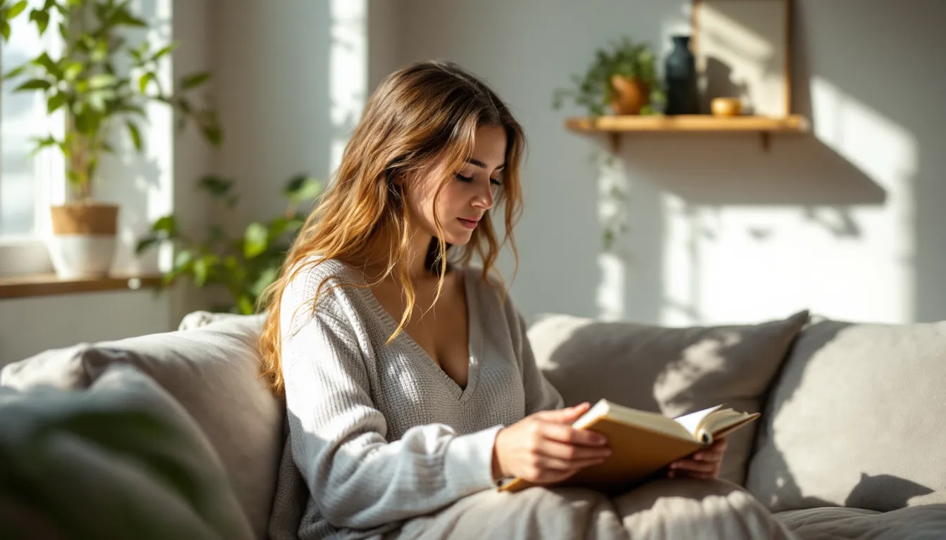 Woman journaling quietly on a cushion in a sunlit living room.