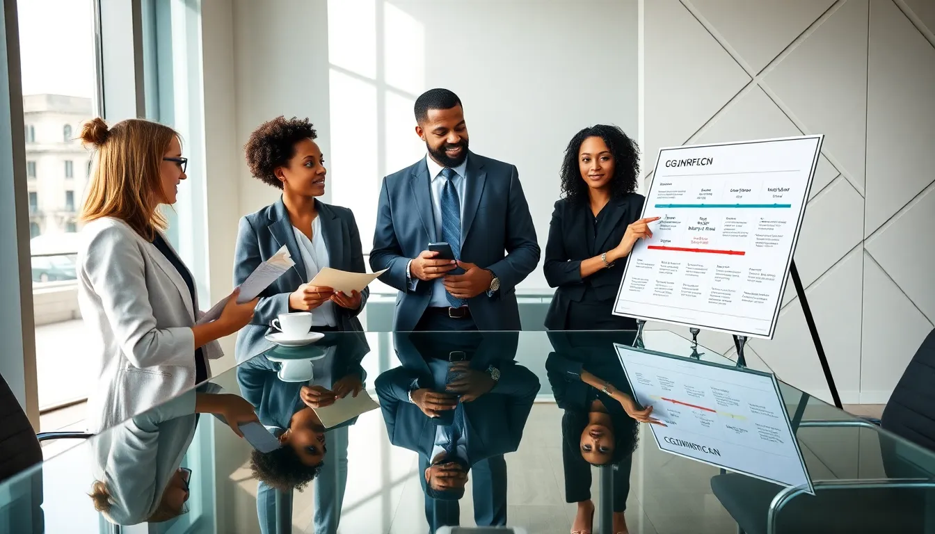 diverse professionals discussing historical context in a modern office.