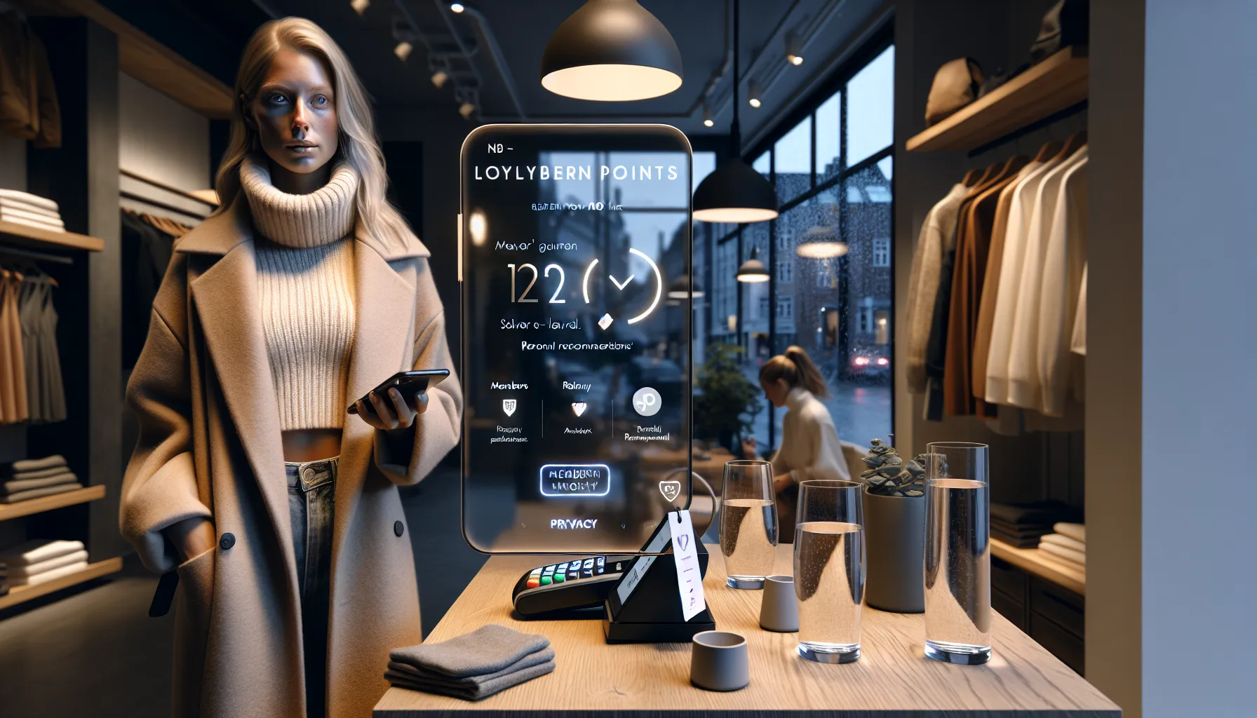 Shopper uses loyalty app at a members-only style night in oslo boutique.