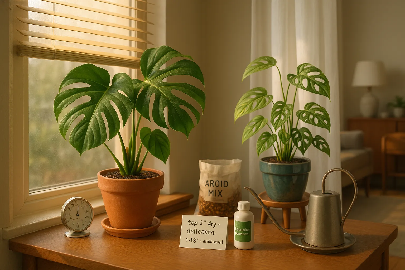 Two Monstera plants near an east window showing care differences.