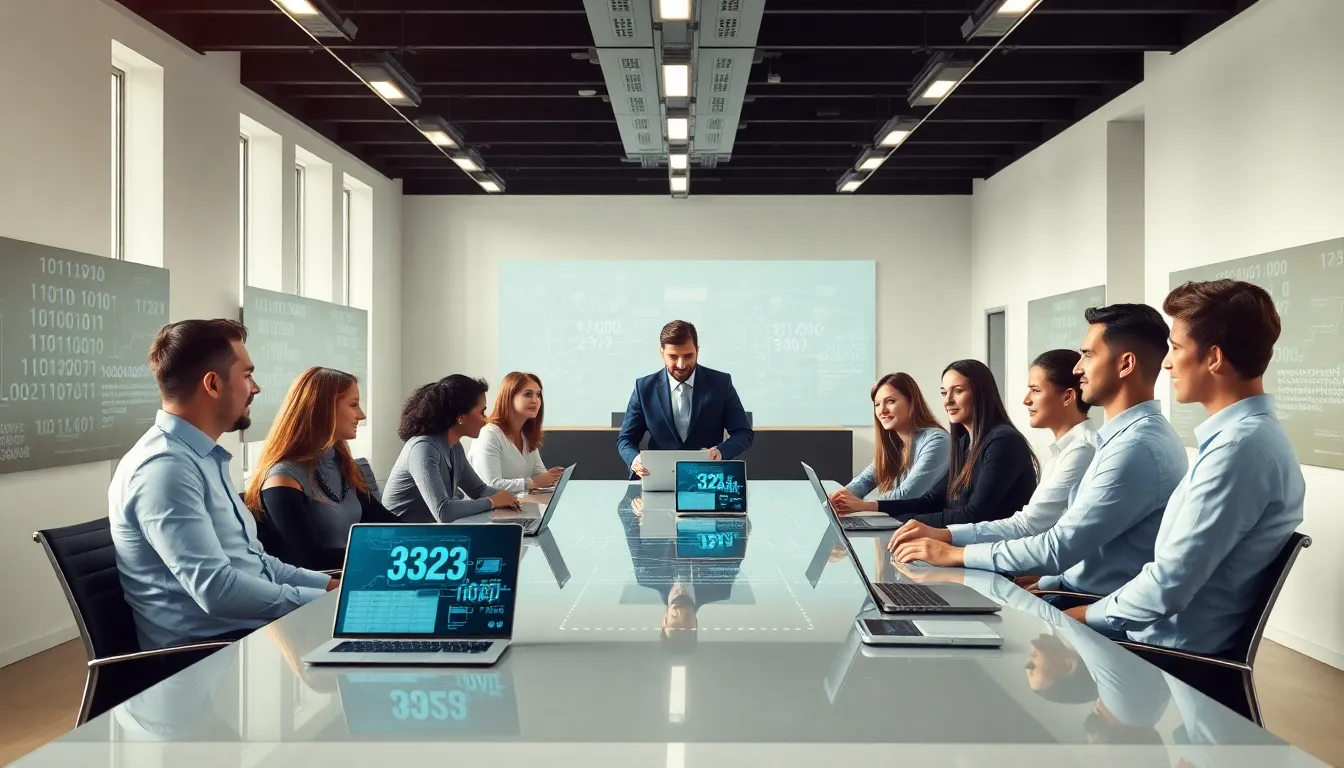 diverse team collaborating in a modern office setting, highlighting numerical data.