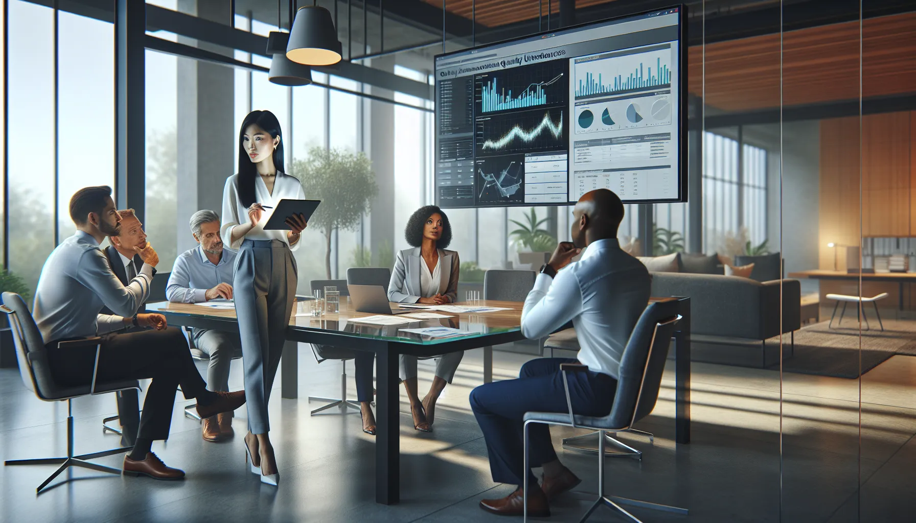 Diverse team discussing challenges in quantity assessment in a modern office.