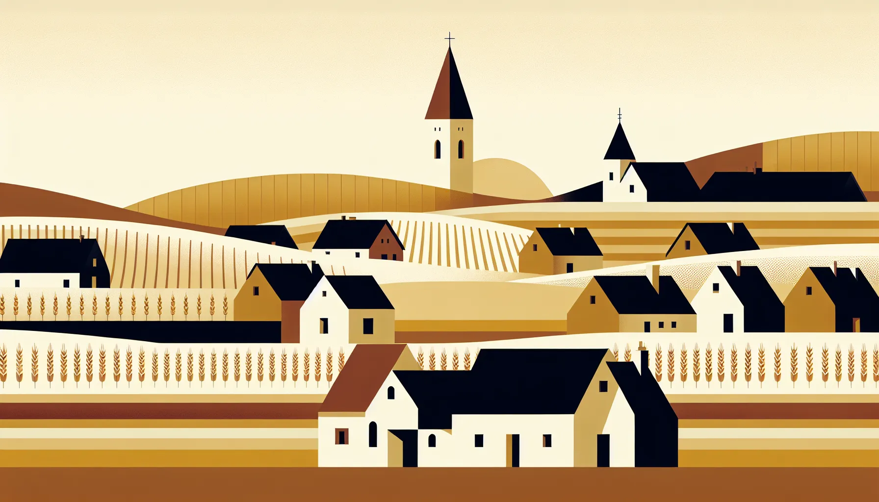 Minimalist Slavonian village with wheat fields and traditional houses from 19th century Croatia.