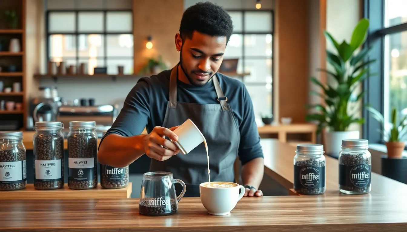 Barista crafting ntrffee in a modern café setting.