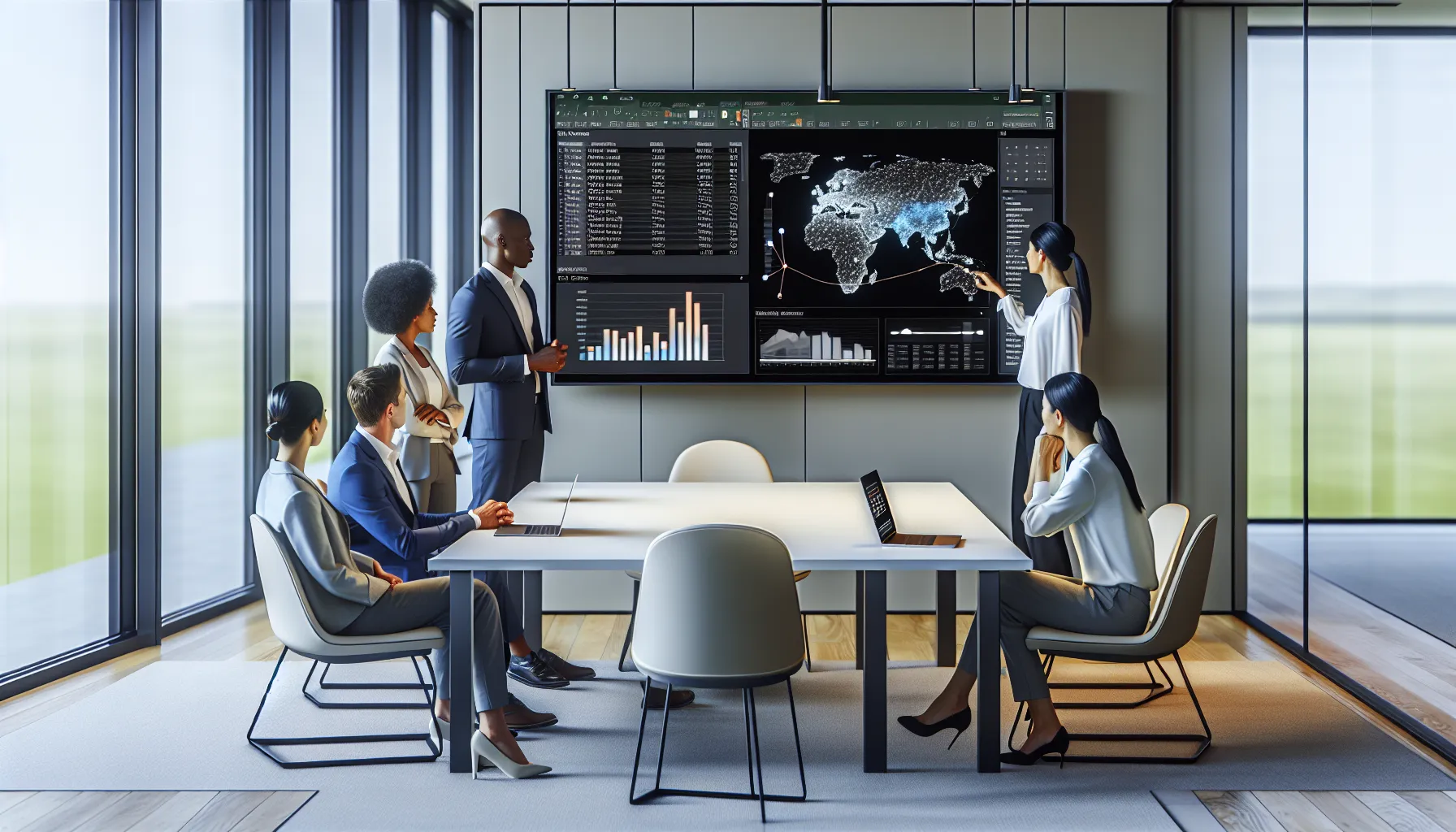 Data professionals review Power BI Analyze in Excel connections in a modern office.