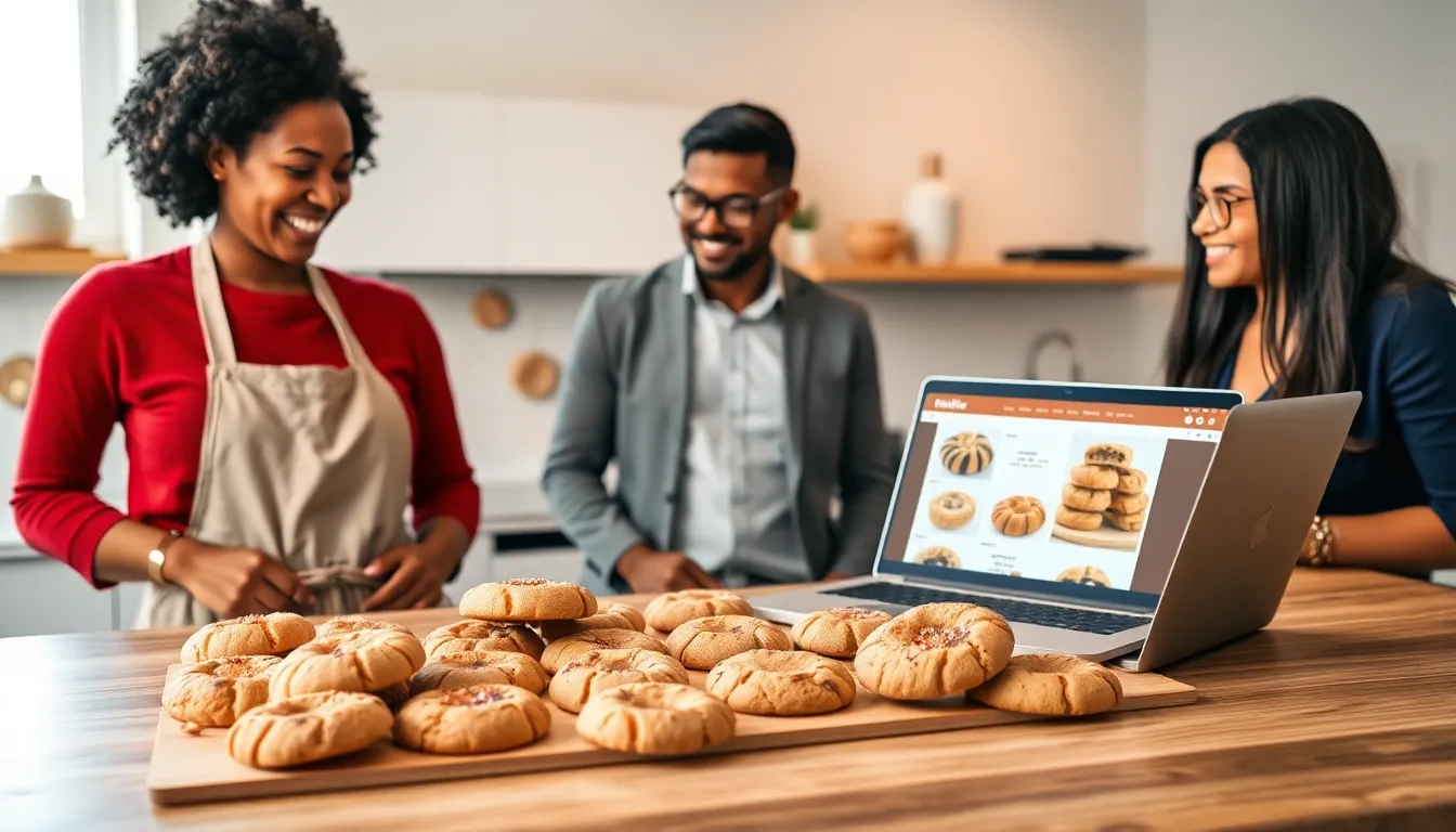 diverse team discussing freshly baked cookies in a modern bakery.