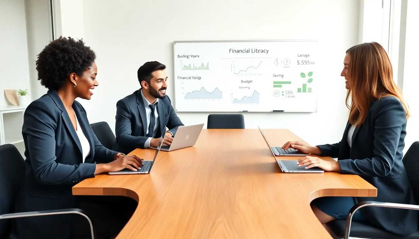 team discussing financial habits in a modern office setting.