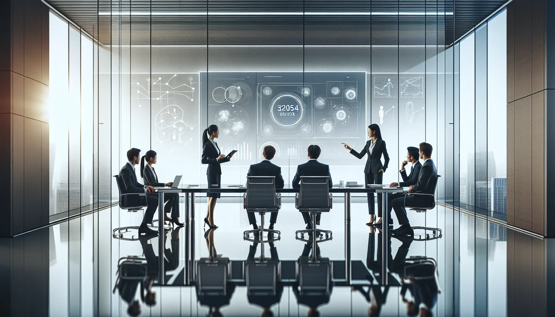 diverse team discussing product features in a modern office.