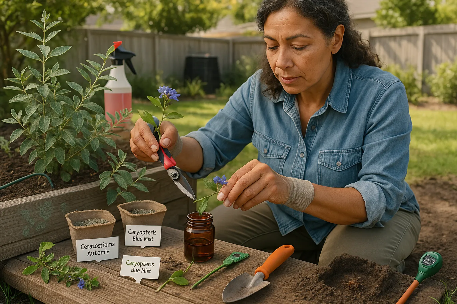 Gardener taking a semi-ripe cutting from Ceratostigma beside labeled pots.
