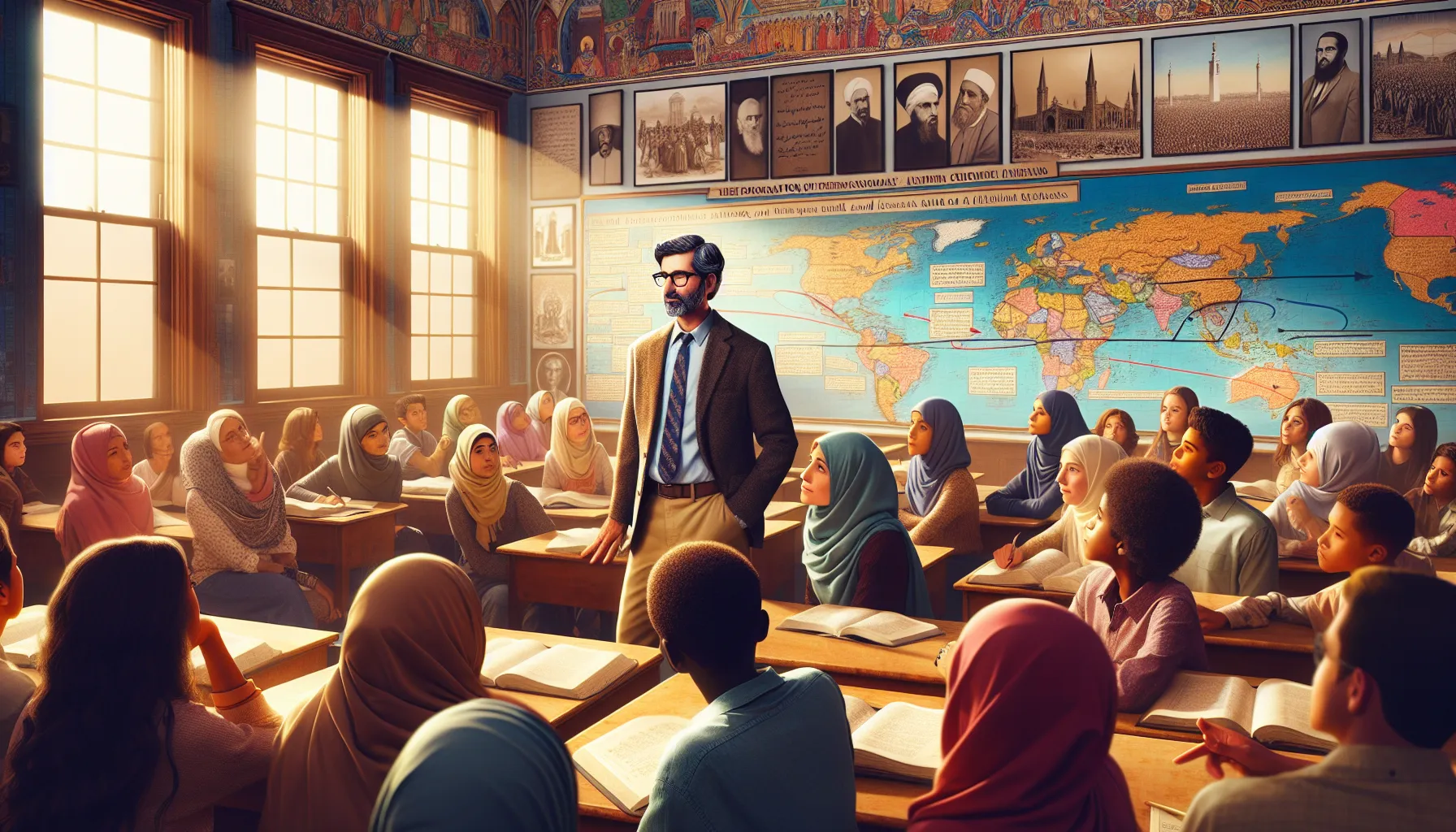 a diverse classroom discussing the historical impact of Christianity and Islam.