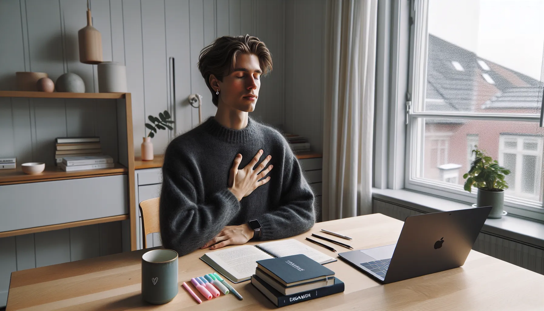 Norwegian student practices mindful breathing at a desk before exams.