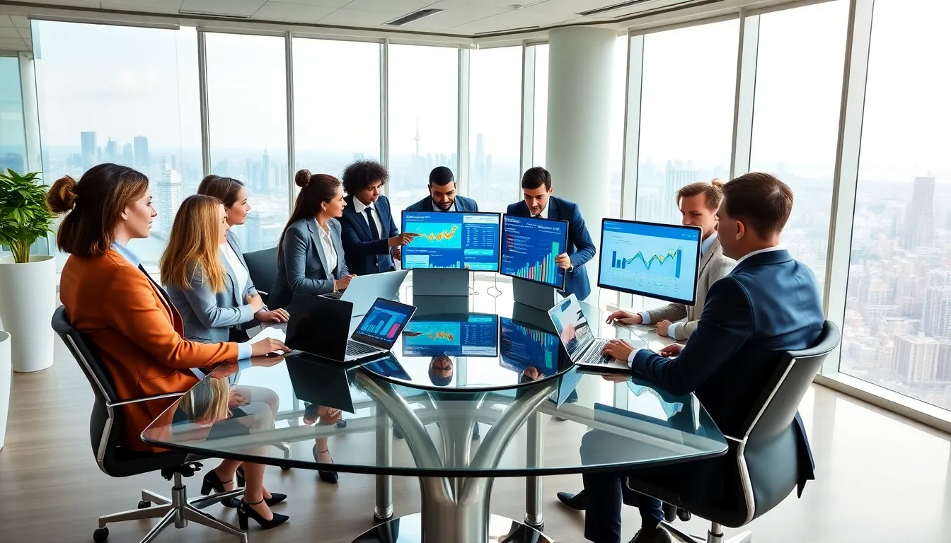 diverse team analyzing product data in a modern office.
