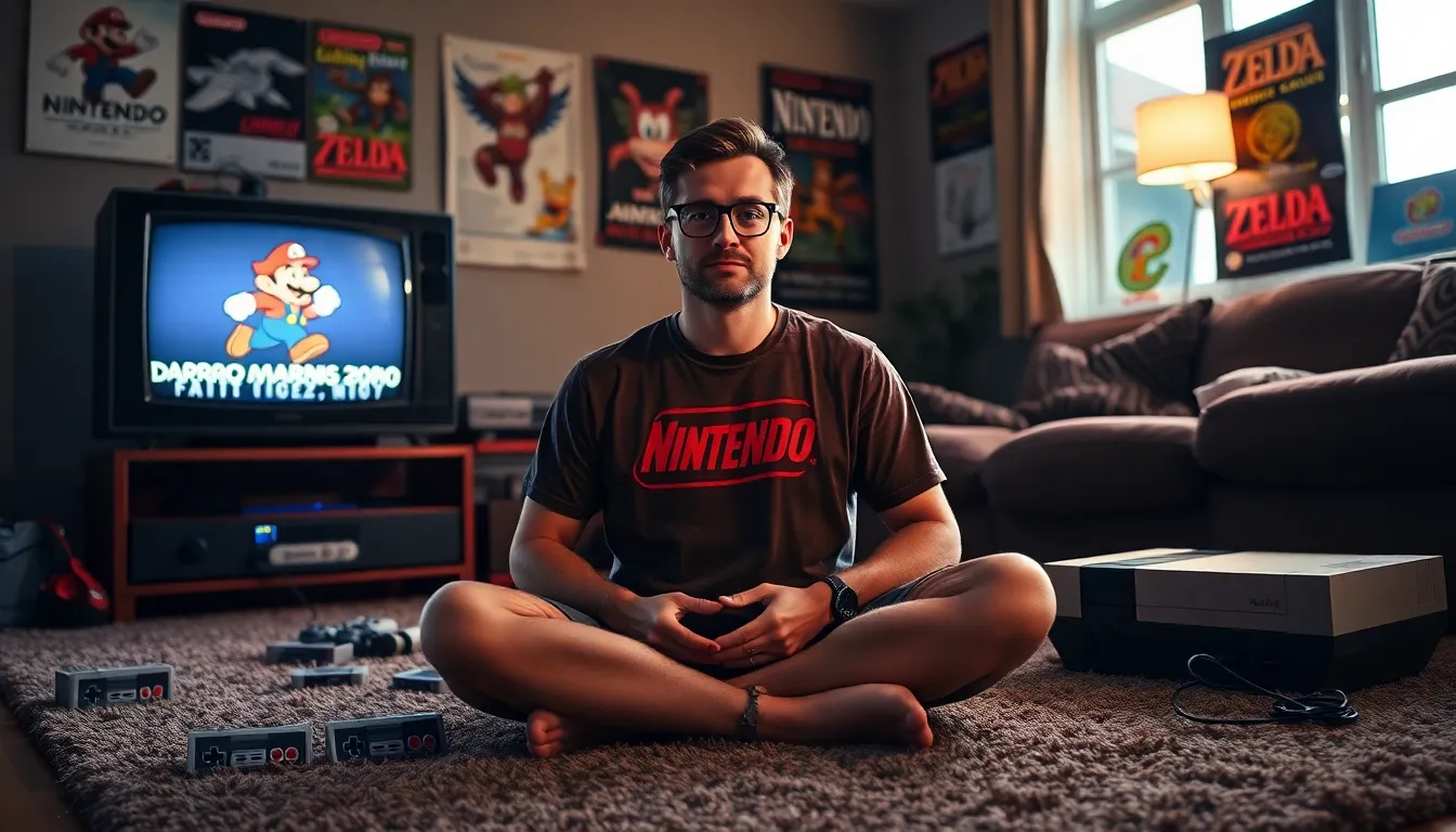 a gamer enjoying classic Nintendo games in a cozy retro living room.