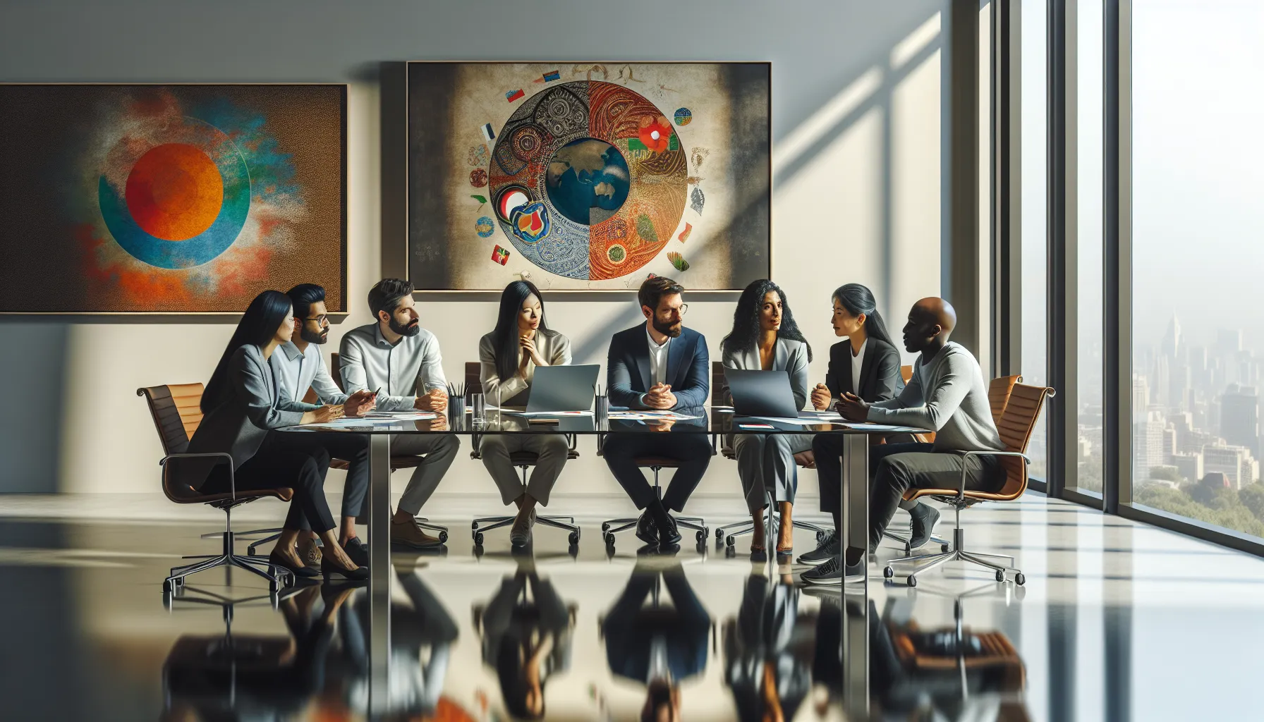diverse professionals discussing cultural ideas in a modern office.