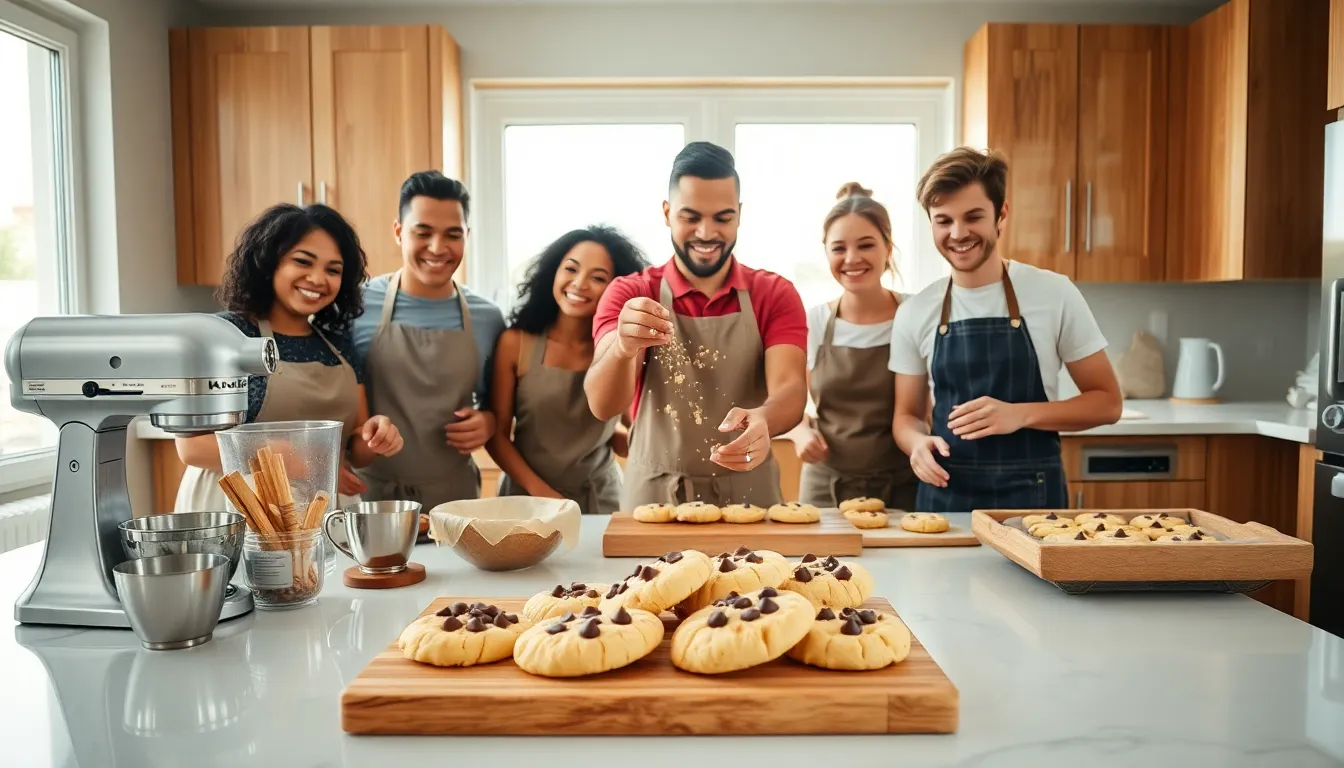 diverse bakers creating bread cookies in a cozy kitchen.