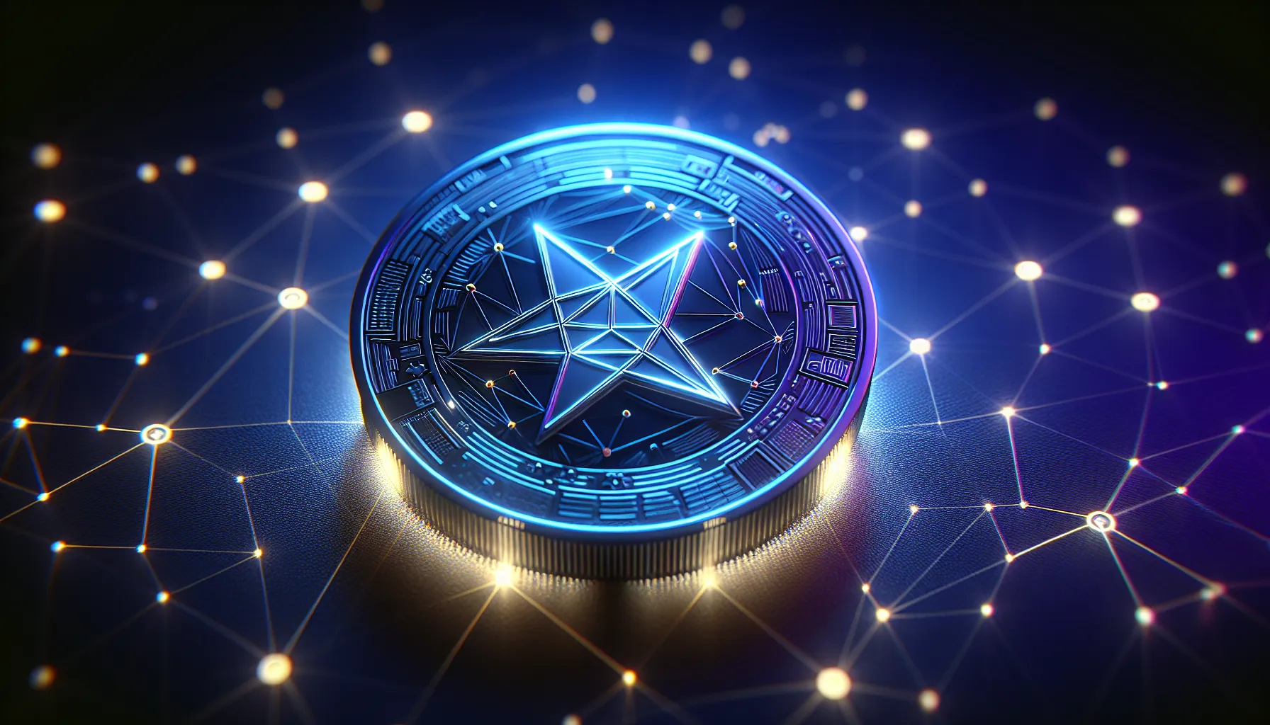 Glowing Aster coin token with blockchain network connections in futuristic digital background.