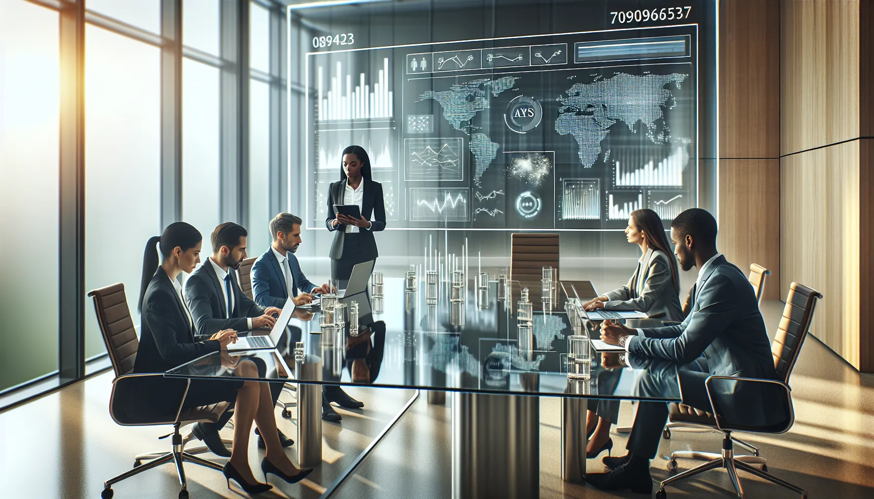 professionals discussing numerical data in a modern conference room.