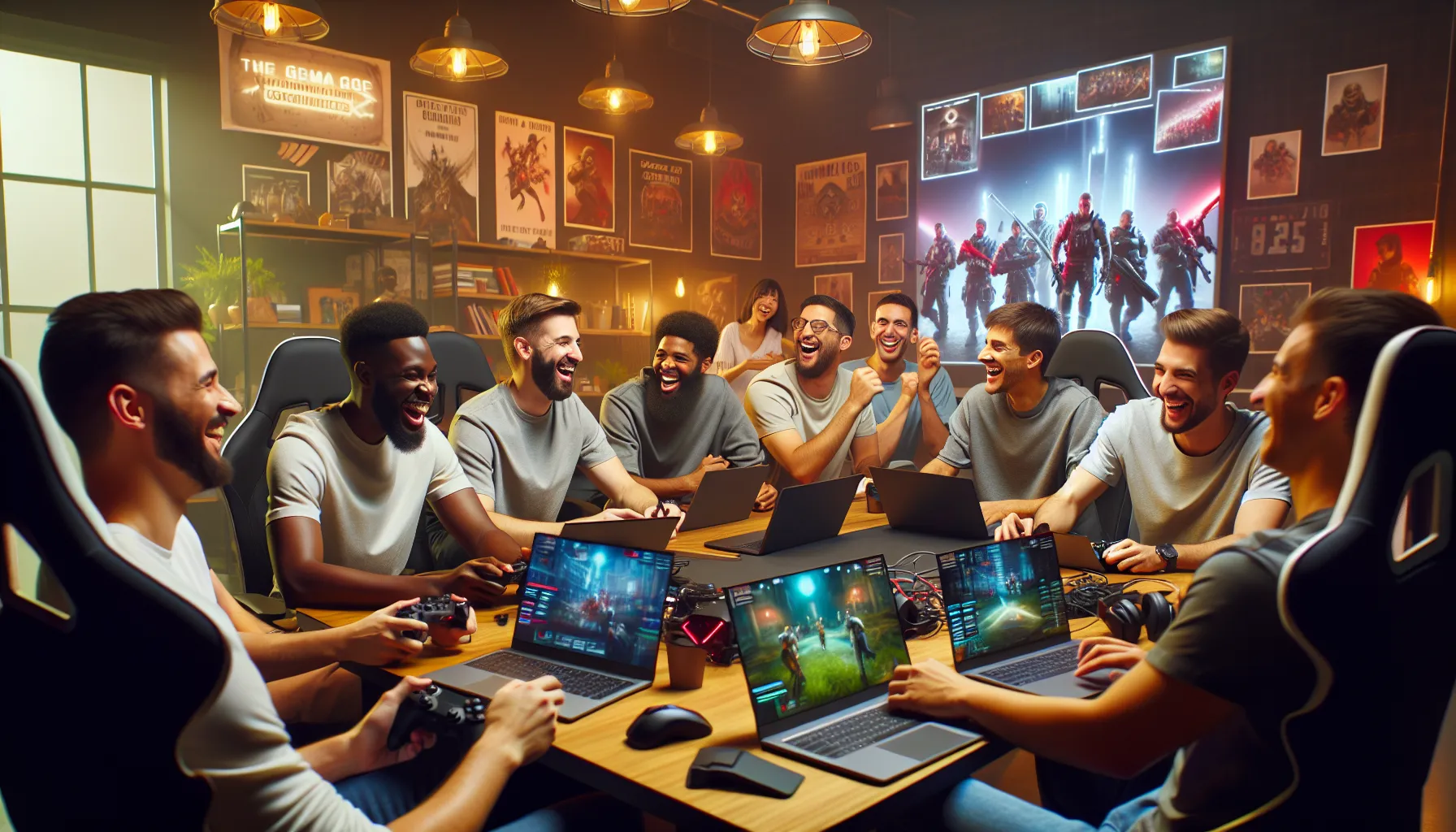 diverse gamers collaborating in a modern workspace.