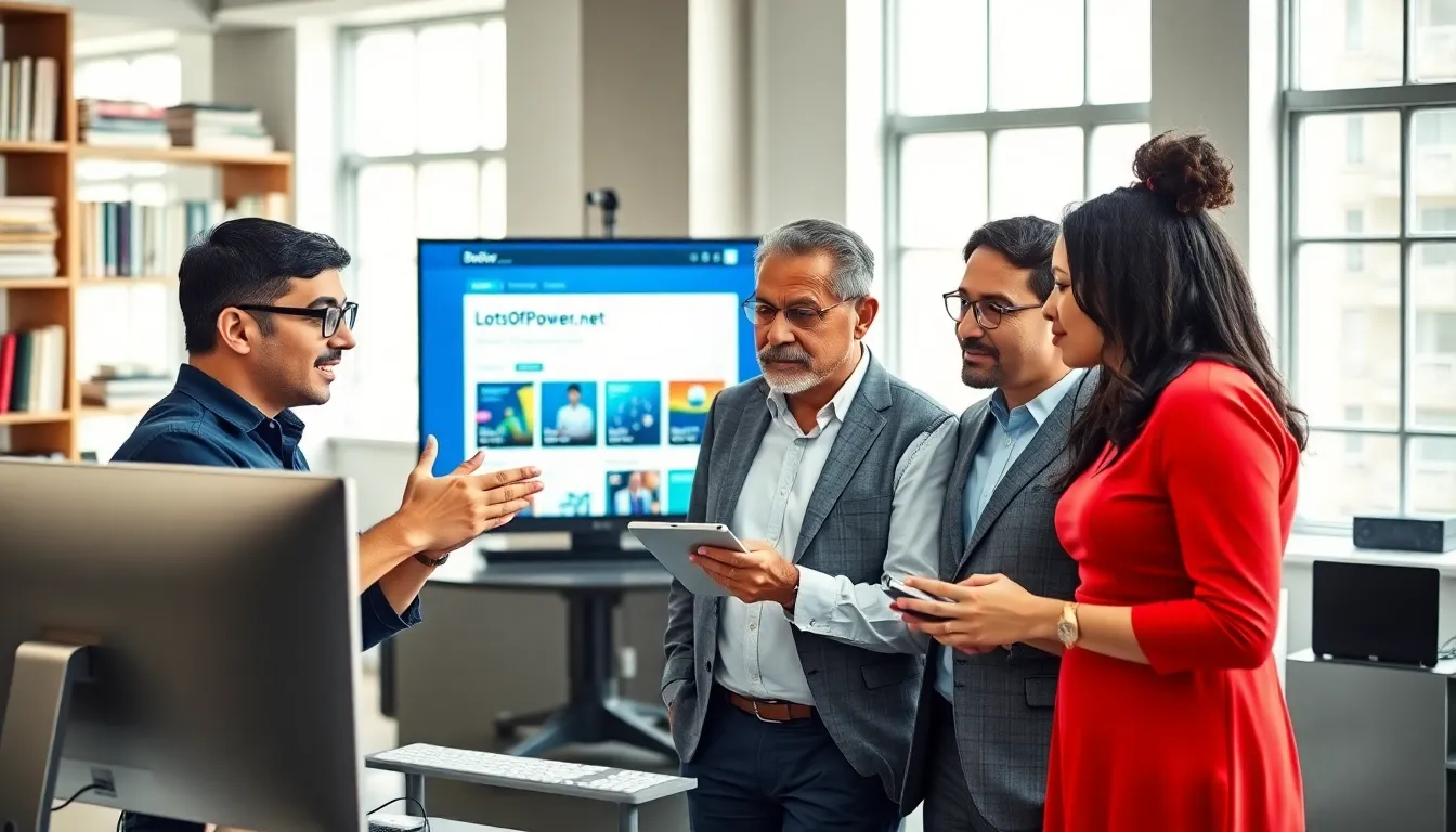 diverse group discussing the LotsOfPower.net archive in a modern office.