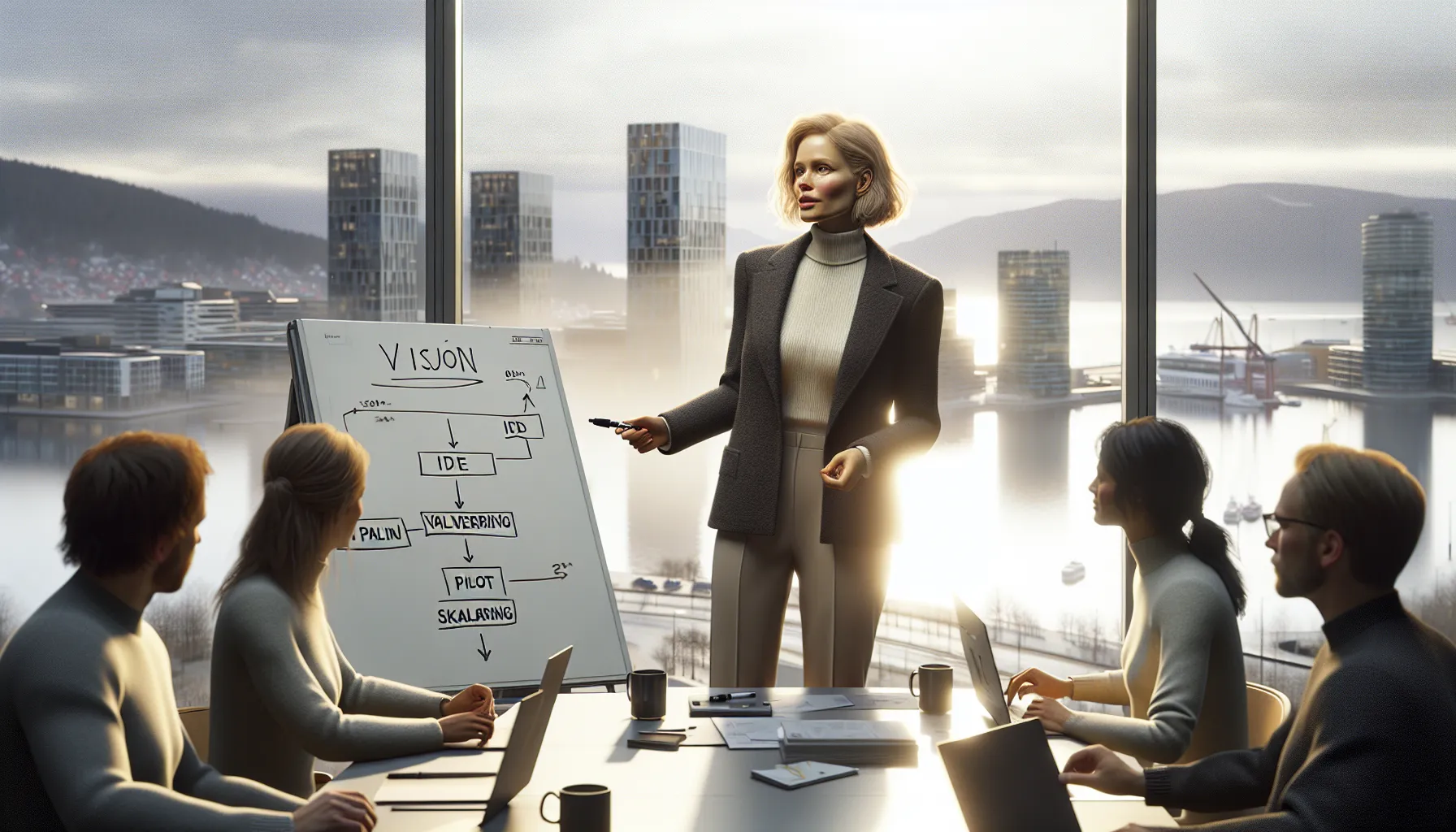 Hvordan utvikle en innovativ bedriftskultur 3 Leader outlining innovation roadmap to team in a bright norwegian office.