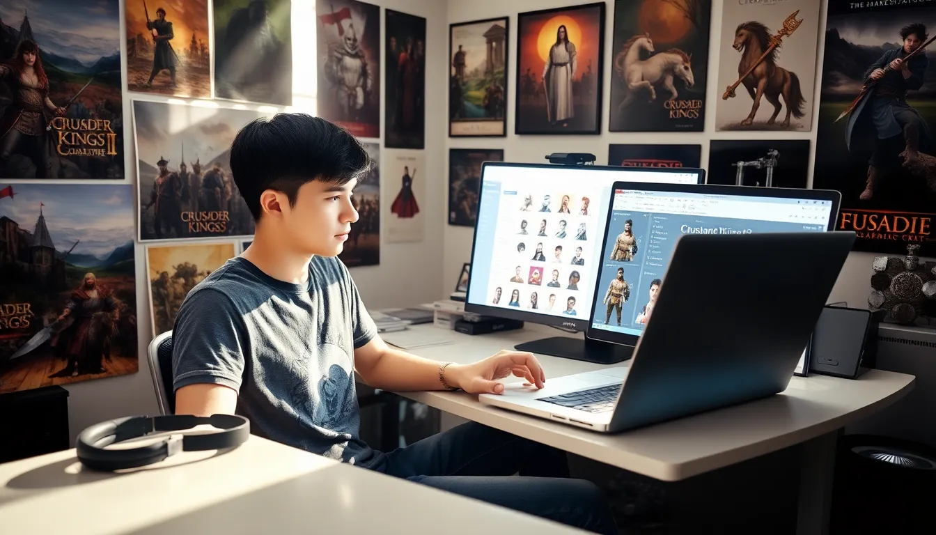 A young man customizing characters on CK2Generator at his desk.