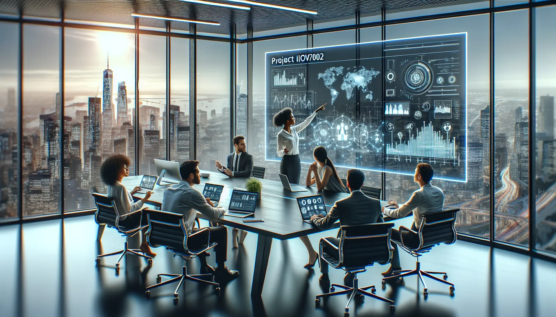 diverse team collaborating on Iov07002 innovations in a modern office.