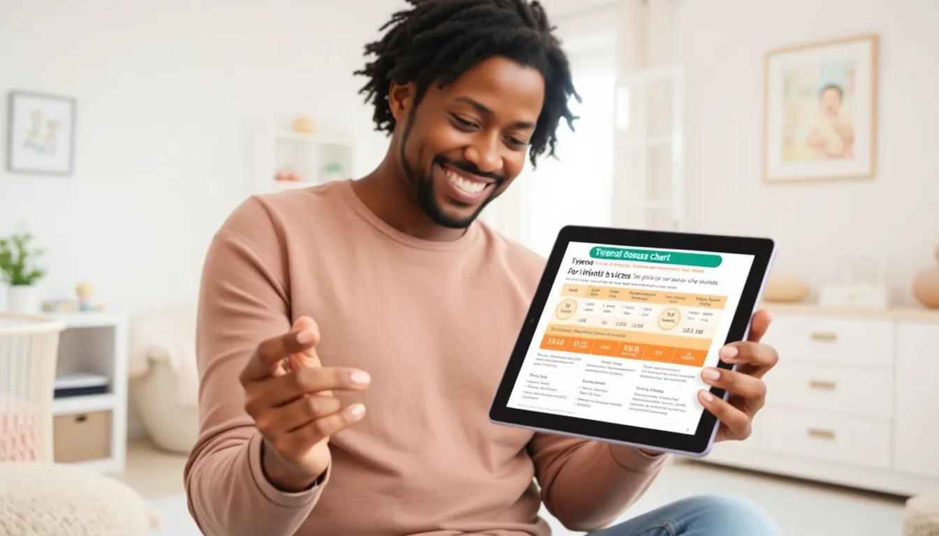 Tylenol dosage chart for infants displayed on a digital tablet.