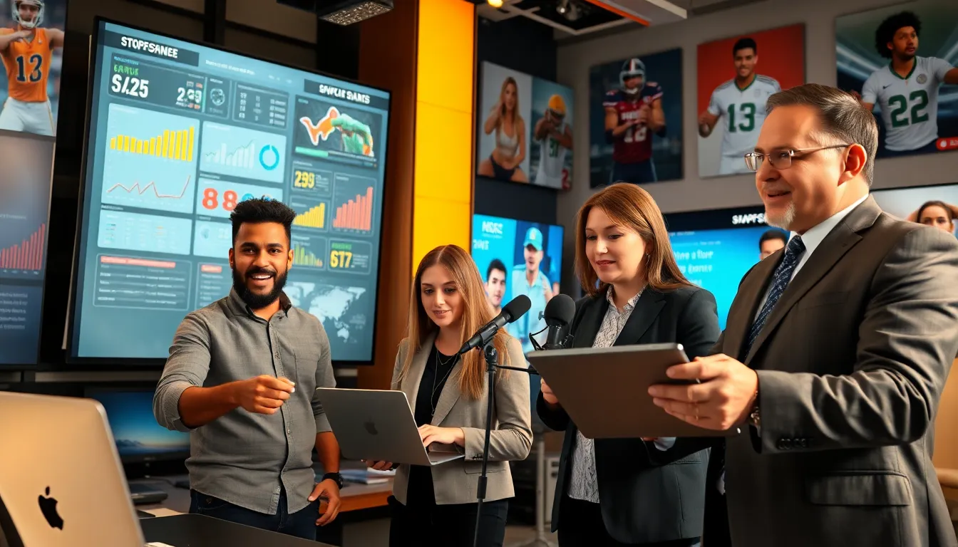 sports journalists in a dynamic newsroom discussing digital trends.