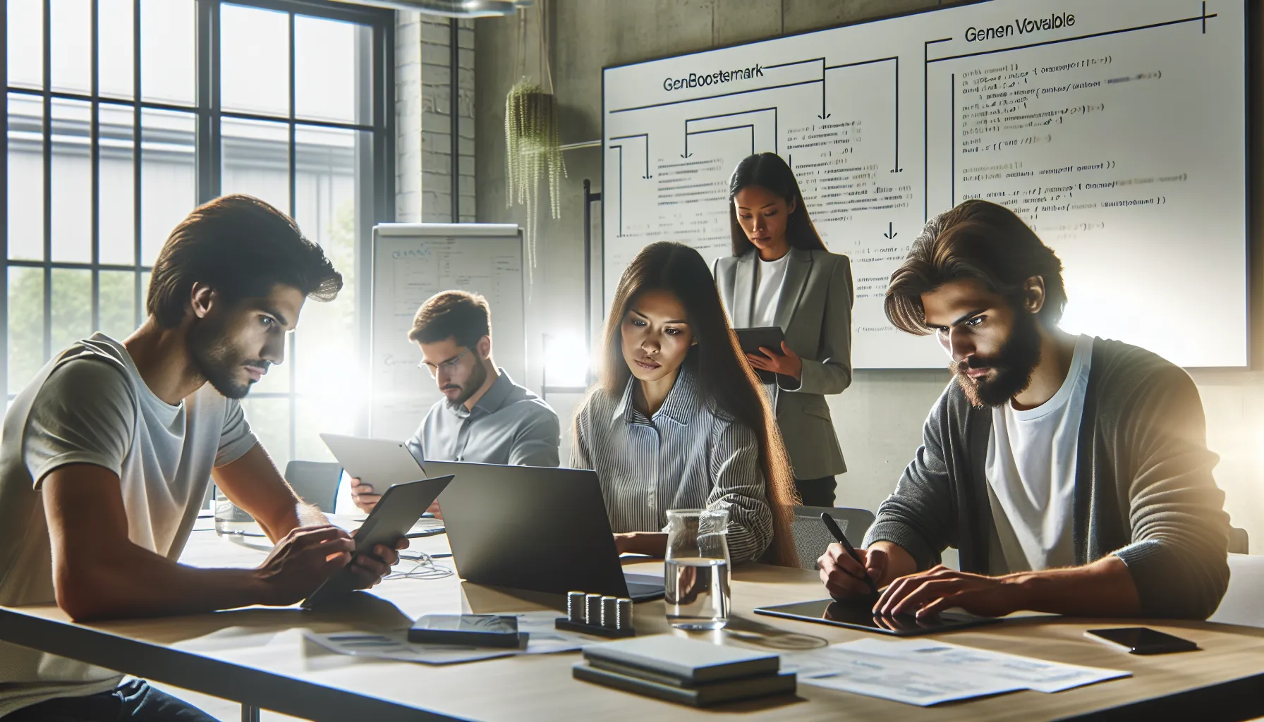 diverse team discussing code at a modern conference table.