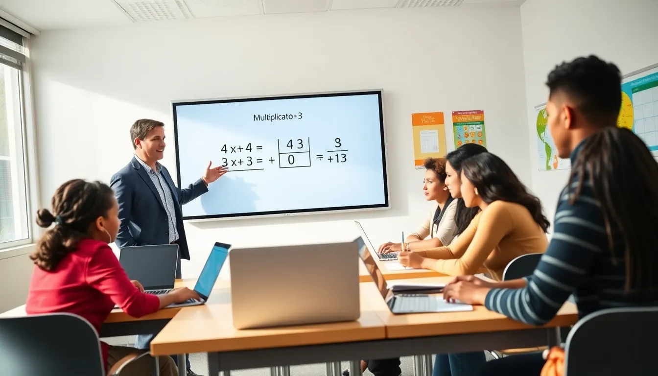 students learning multiplication in a modern classroom setting.