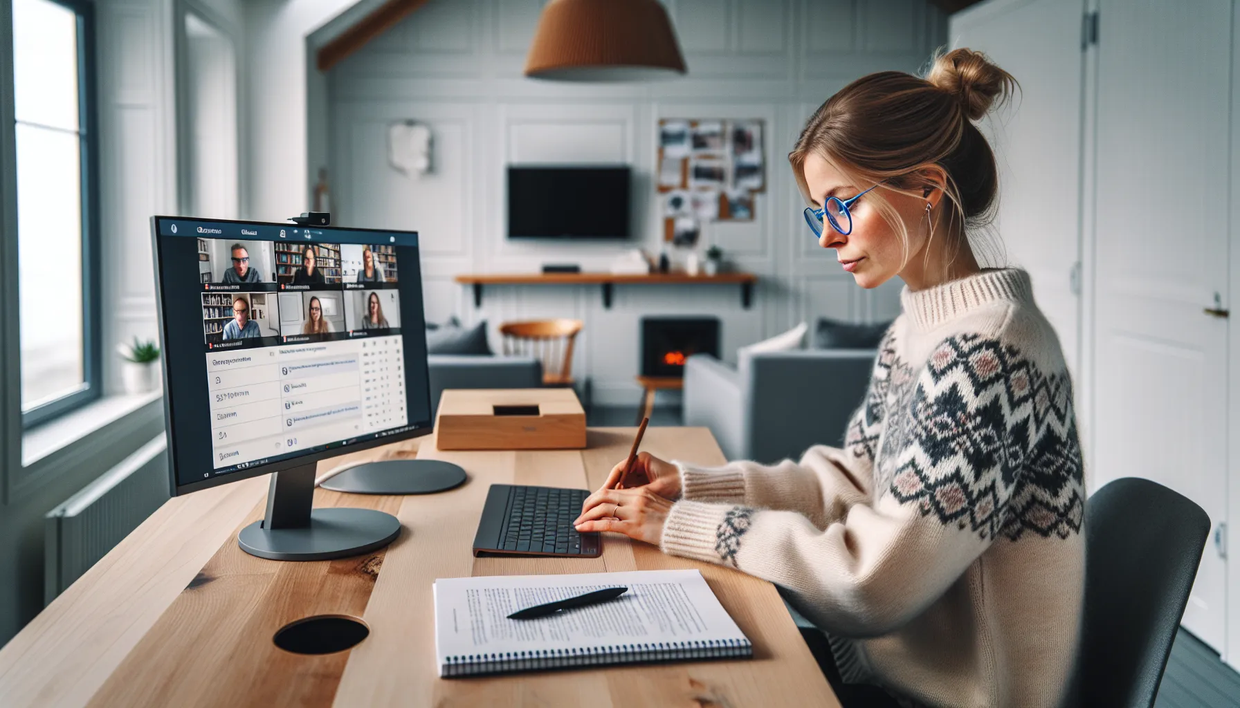 Norwegian student studies online with live class and recorded lecture at home.