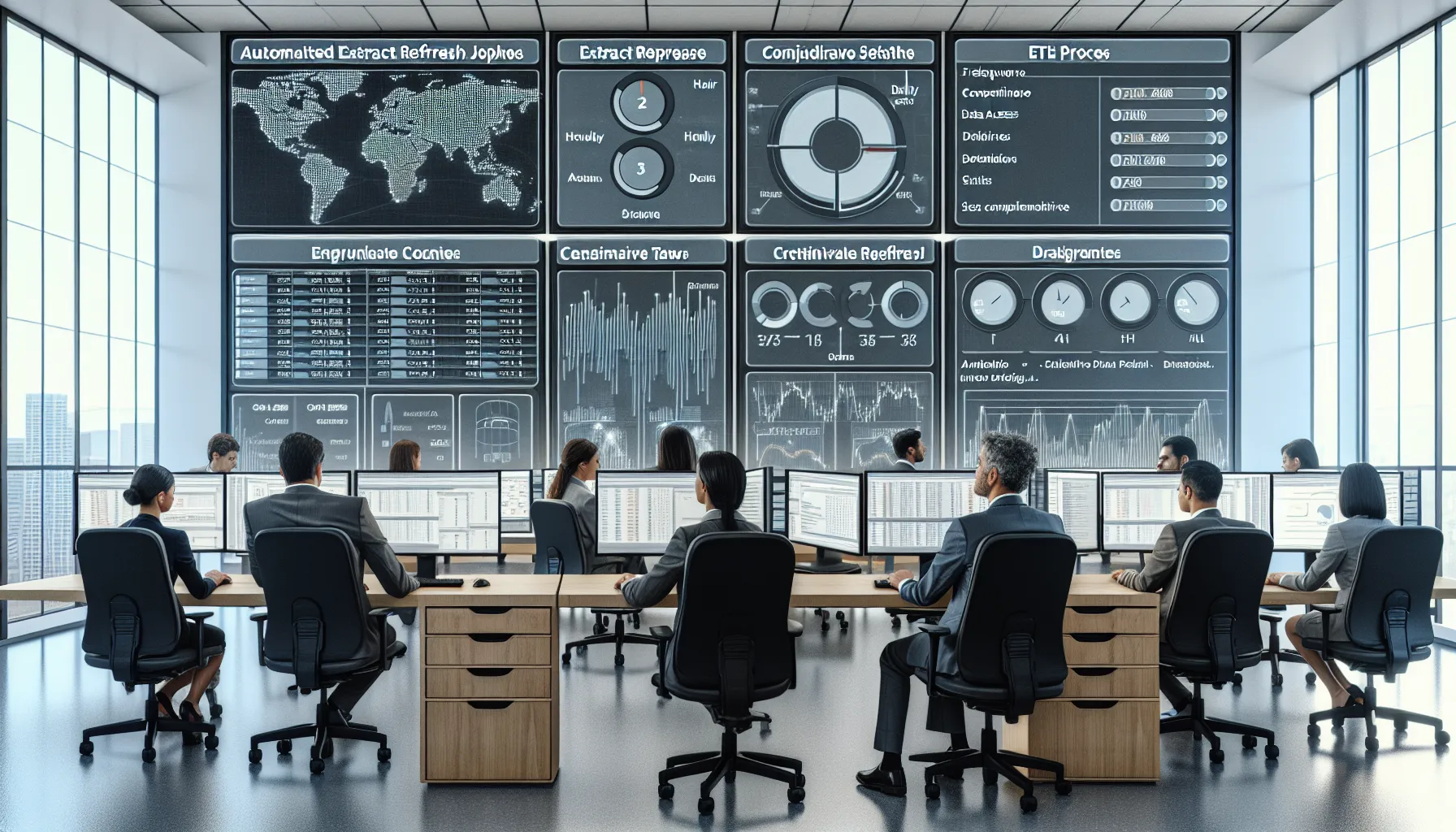 Data team in a modern office monitoring automated Tableau Server refresh schedules.