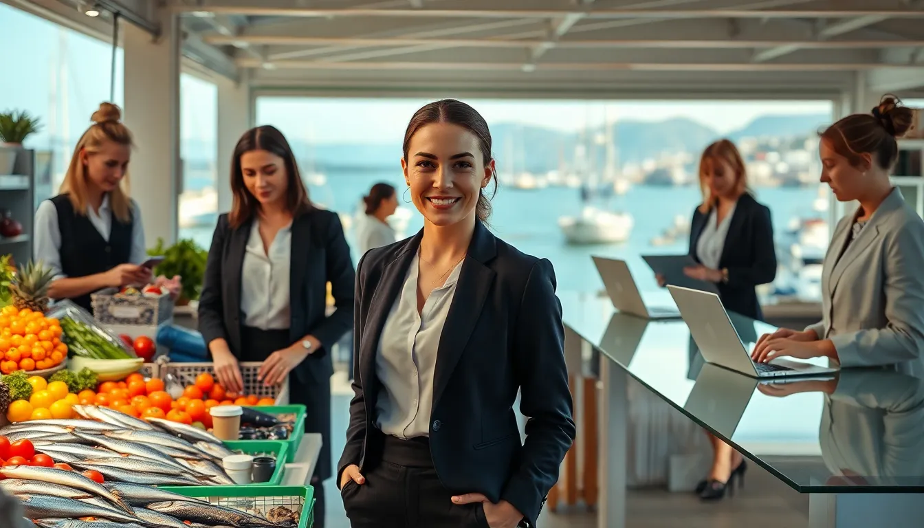 women in a market setting, representing dockhemskvinna roles.