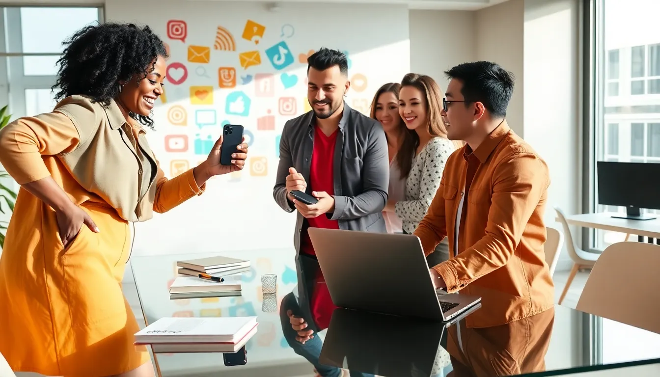 diverse team creating TikTok content in a modern office.