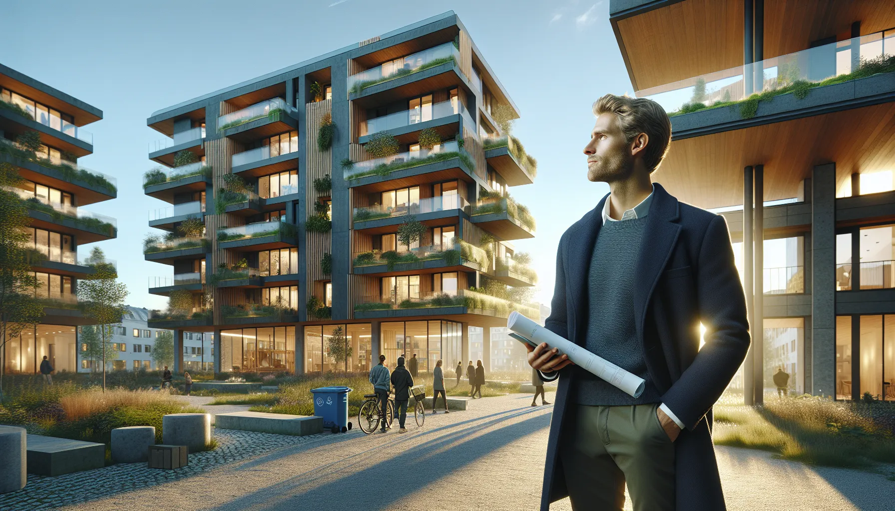 Slik sikrer du en bærekraftig utleievirksomhet: miljøvennlige valg og løsninger 2 Norwegian landlord reviews eco-friendly apartment building with green courtyard and diverse residents.