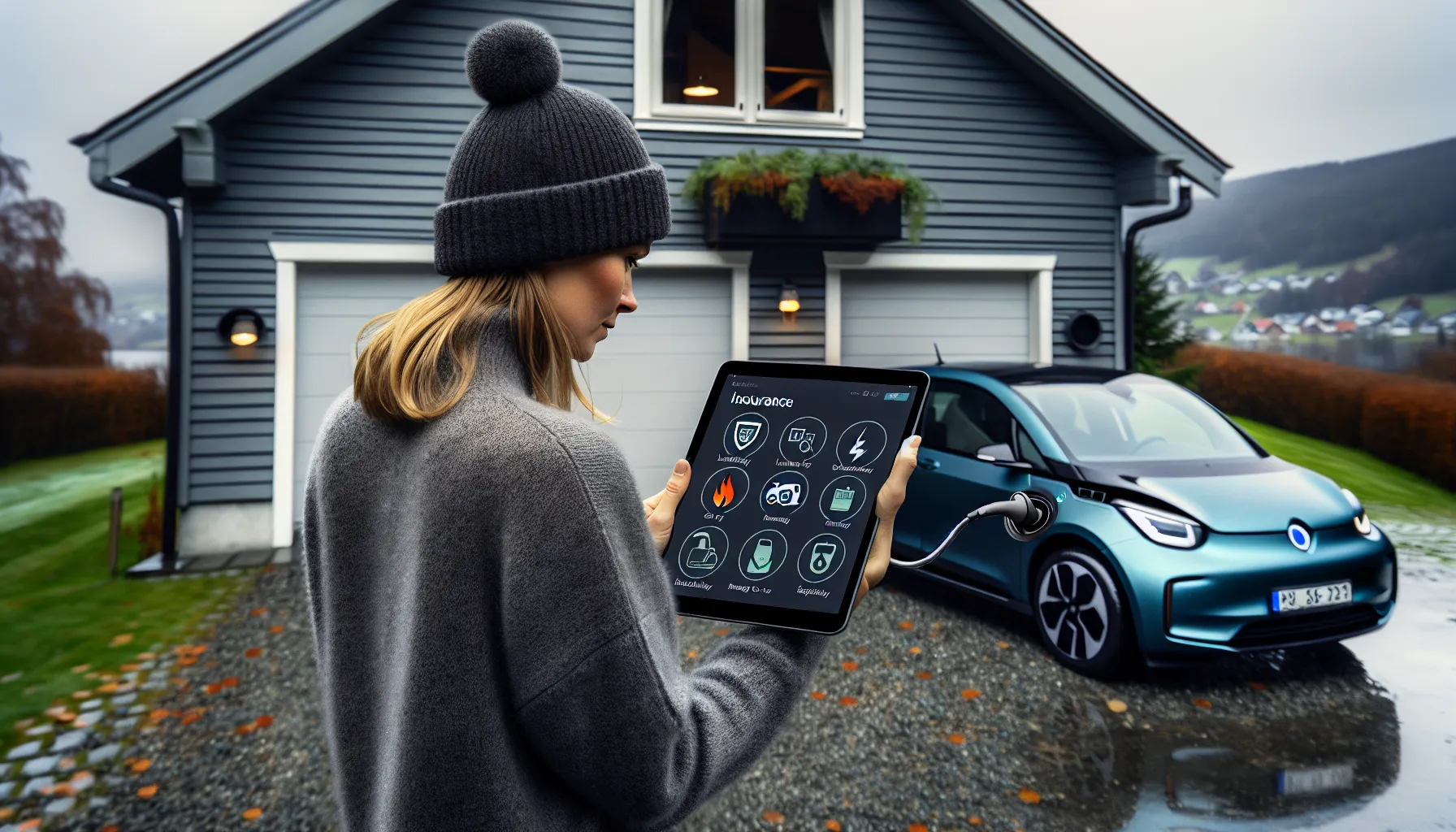 Norwegian ev owner checks insurance options beside a home charger on a rainy day.
