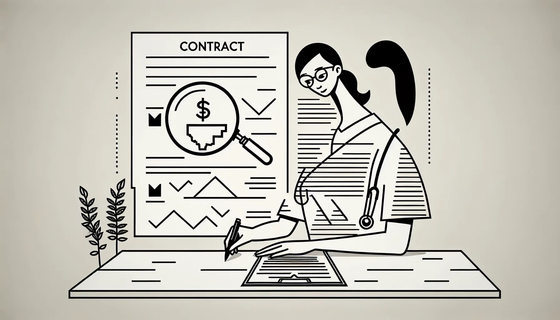 Veterinarian reviewing a contract with icons for pay, malpractice, and non-compete of Montana Veterinary Contract Review.
