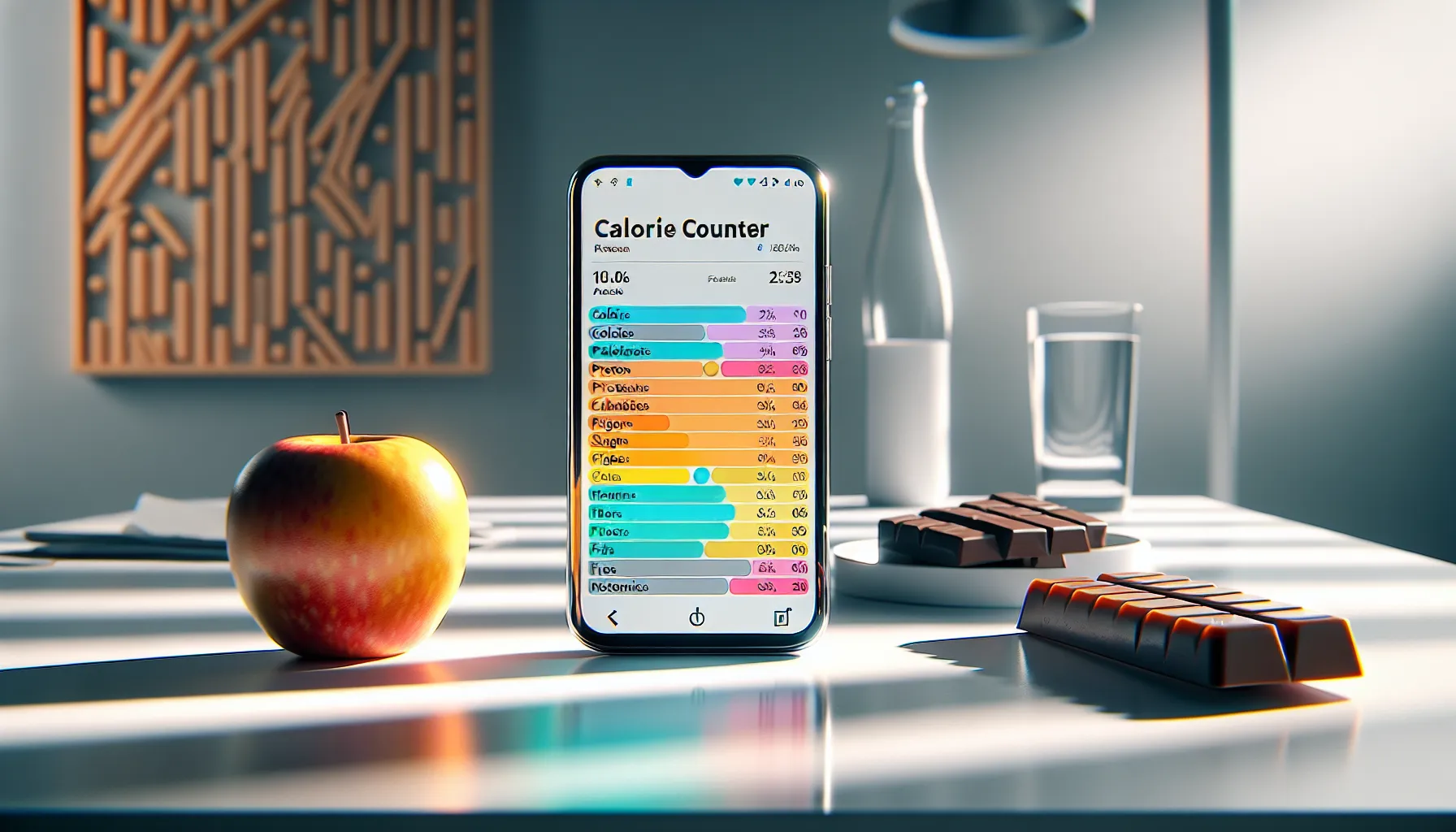 Smartphone with calorie counting app and food choices on desk.